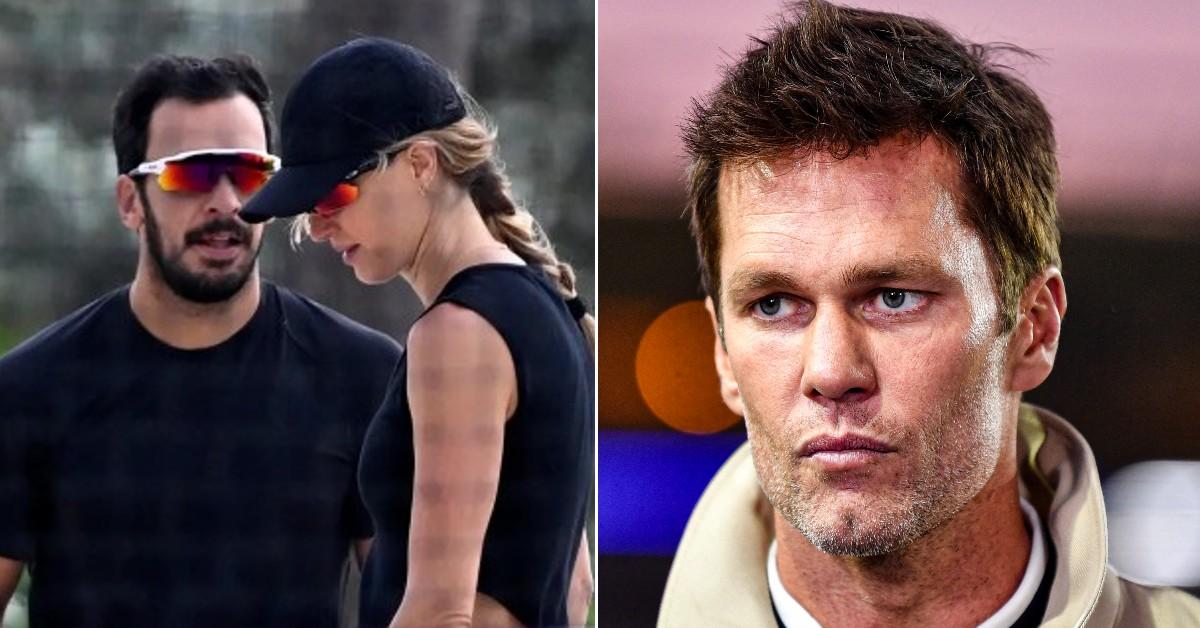 Split photo of Gisele Bündchen and Joaquim Valente and Tom Brady.