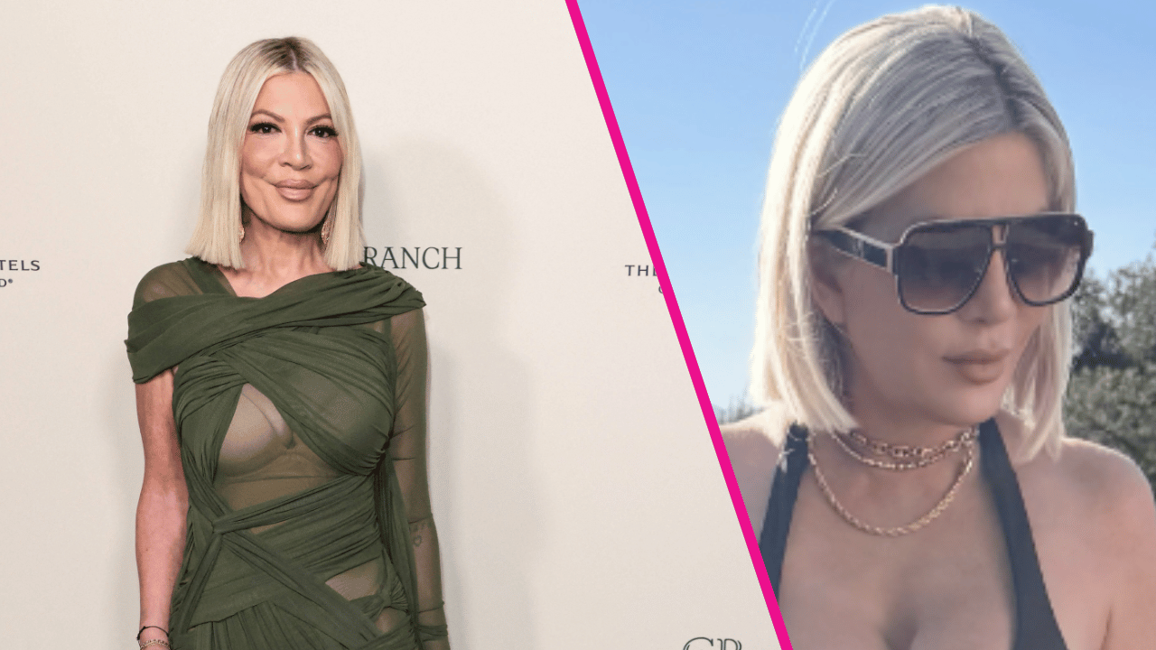 Image of Tori Spelling nearly spilt out of her bikini in recent summer snapshots. 