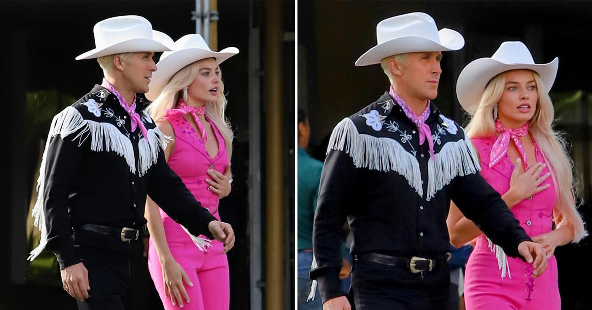 margot robbie and ryan gosling seen together filming scenes for the new barbie movie pp