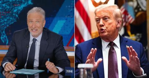 Composite photo of Jon Stewart on 'The Daily Show' and Donald Trump.