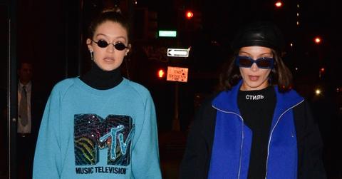 Gigi Hadid, Bella Hadid and Mohamed Hadid and Zayn Malik coming in and out of dinner in soho