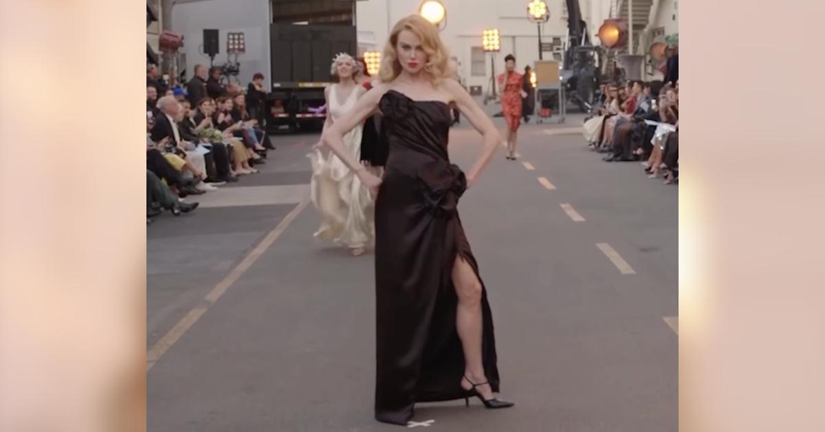 Image of Nicole Kidman styled a Chanel by Matthieu Blazy black satin dress.