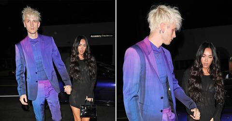 megan fox and machine gun kelly walk hand in hand as they head to the nice guy restaurant to party pf