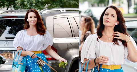 kristin davis blue polka dot skirt yellow pumps filming sex and the city ok