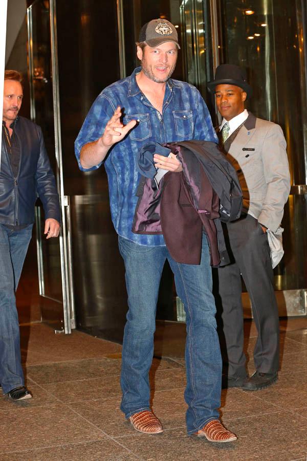 Blake Shelton exits the Four Seasons Hotel in New York City