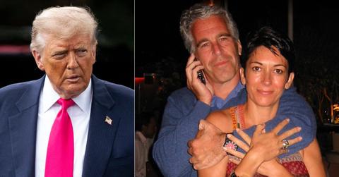 Photo of Donald Trump; picture of Jeffrey Epstein and Ghislaine Maxwell.