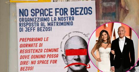Composite Photos of the 'No Space for Bezos' Poster and the Bezos-Sanchez Couple