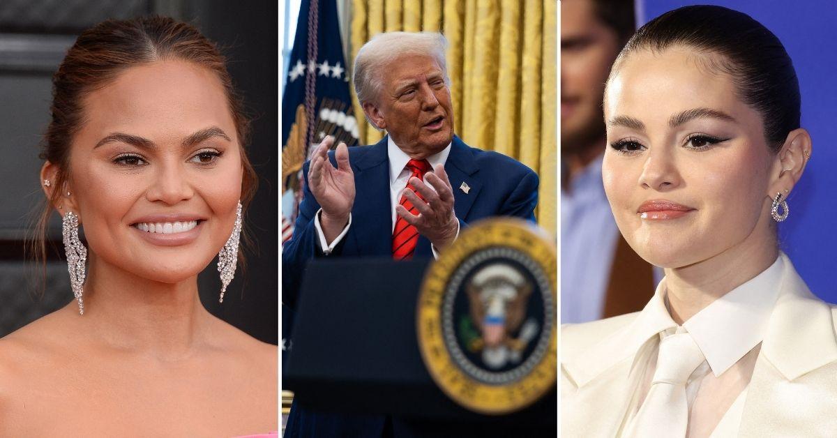 Composite photo of Chrissy Teigen, Donald Trump and Selena Gomez