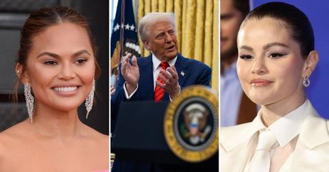 Composite photo of Chrissy Teigen, Donald Trump and Selena Gomez
