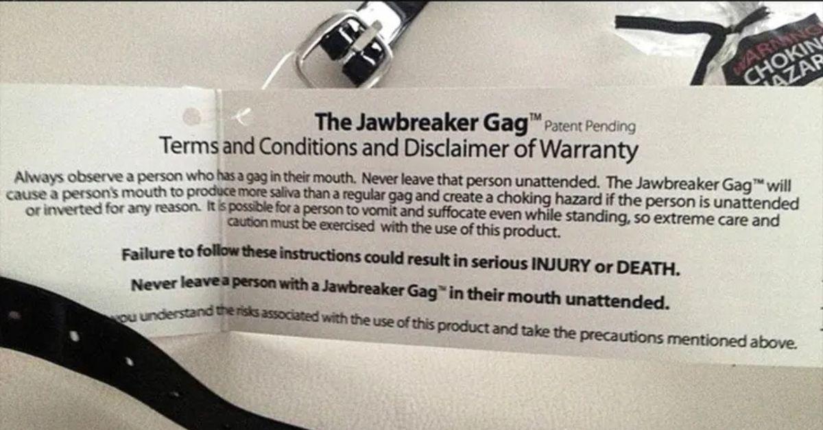 image of Instructions for the 'Jawbreaker Gag' warned of potential 'death' if not used properly.