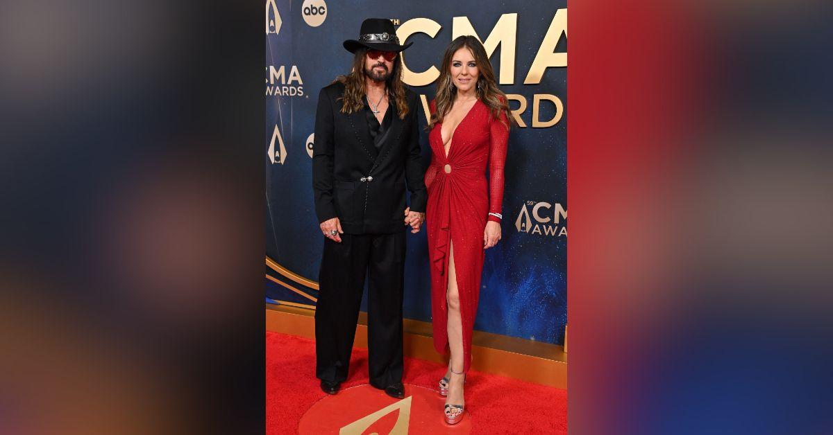 image of Elizabeth Hurley stunned in a plunging red gown at the CMA Awards.