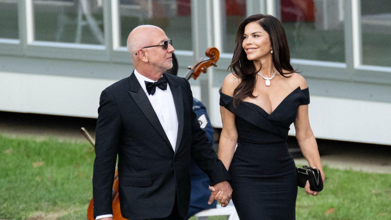 Image of The former journalist paired her dramatically low-cut gown with massive diamonds while attending the formal event with husband Jeff Bezos.