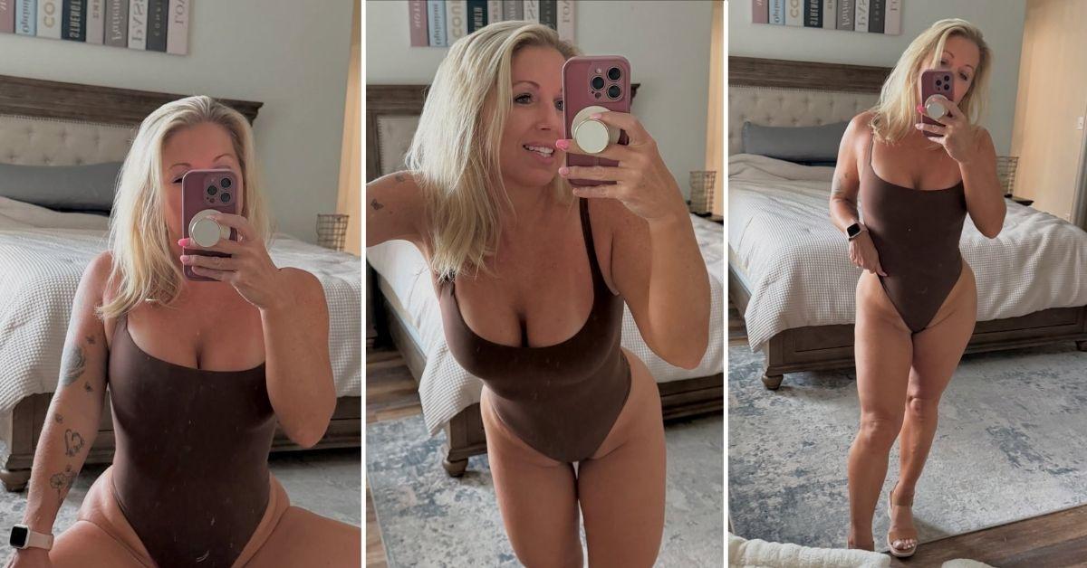 Courtney Ann takes a series of mirror selfies in her bedroom while wearing a fitted brown bodysuit. She poses from different angles, showing a confident smile in one shot and a relaxed stance in another.