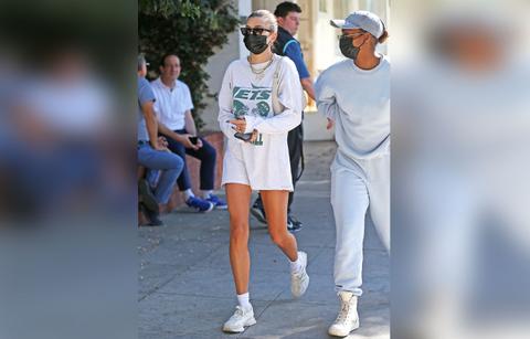 hailey bieber is seen leaving the beverly grill