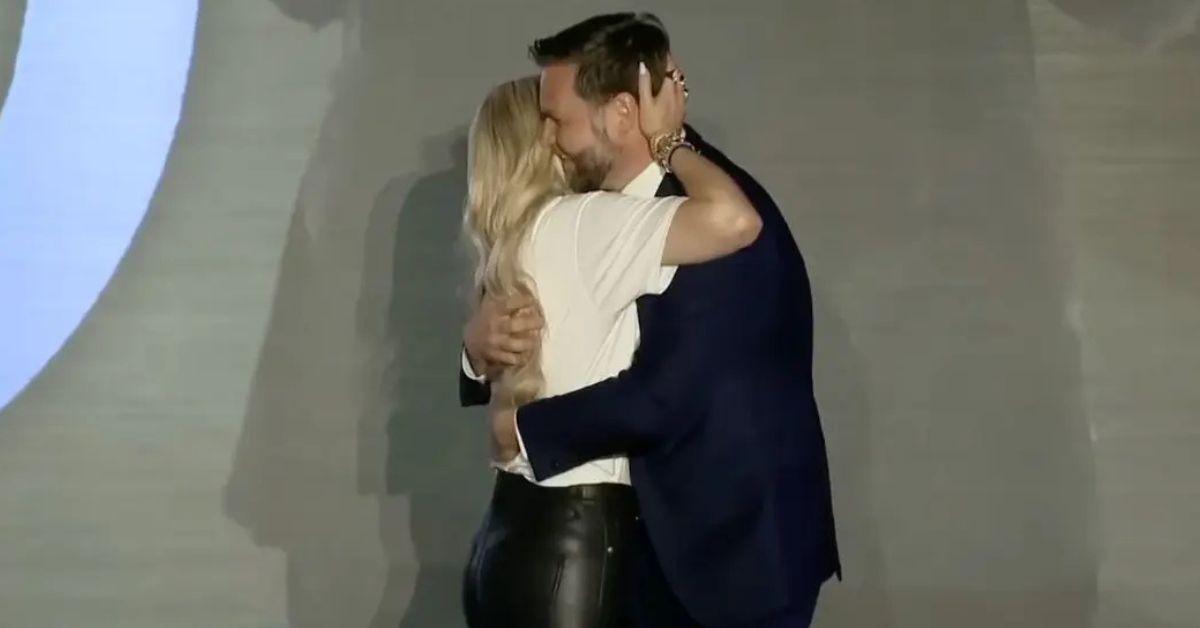 image of Erika Kirk gave J.D. Vance a warm embrace on stage on October 29.