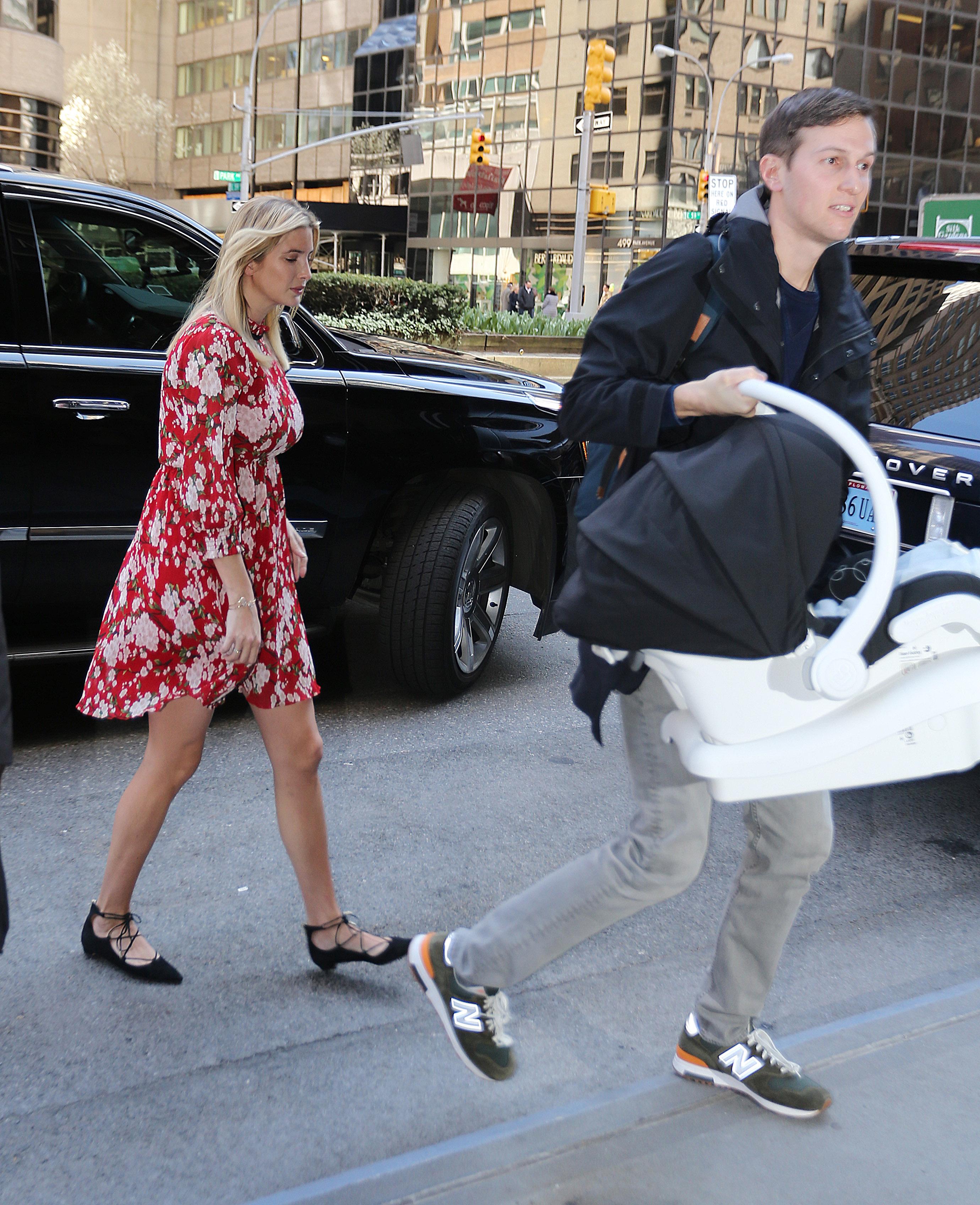 Ivanka Trump and Jared Kushner arrive home with baby Theodore in New York City.