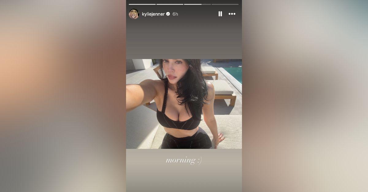 image of Kylie shared a sunny morning selfie by the pool.