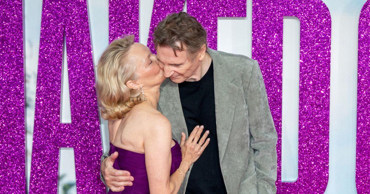 image of A sweet moment captured Pamela Anderson and Liam Neeson embracing.