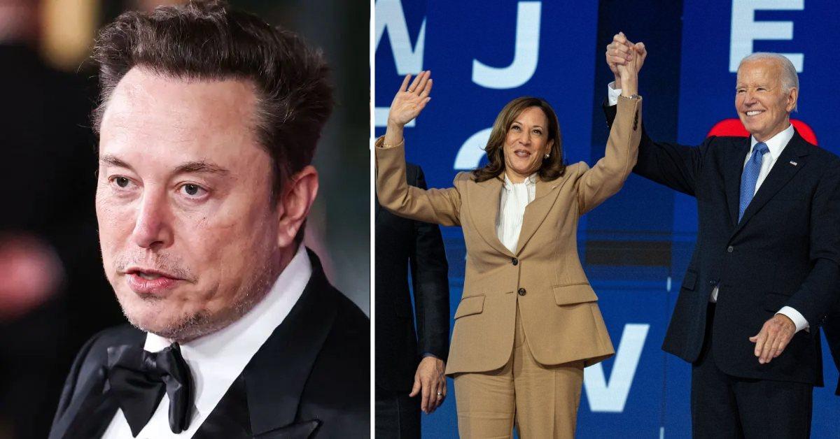 Photo of Elon Musk and a picture of Kamala Harris with Joe Biden