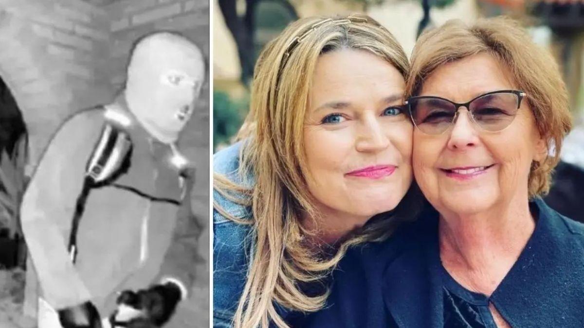 split photo of nancy guthrie and mom savannah guthrie and a masked suspect outside nancy's arizona home
