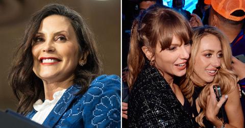 Composite photo of Michigan Governor Gretchen Whitmer, Taylor Swift and Brittany Mahomes.