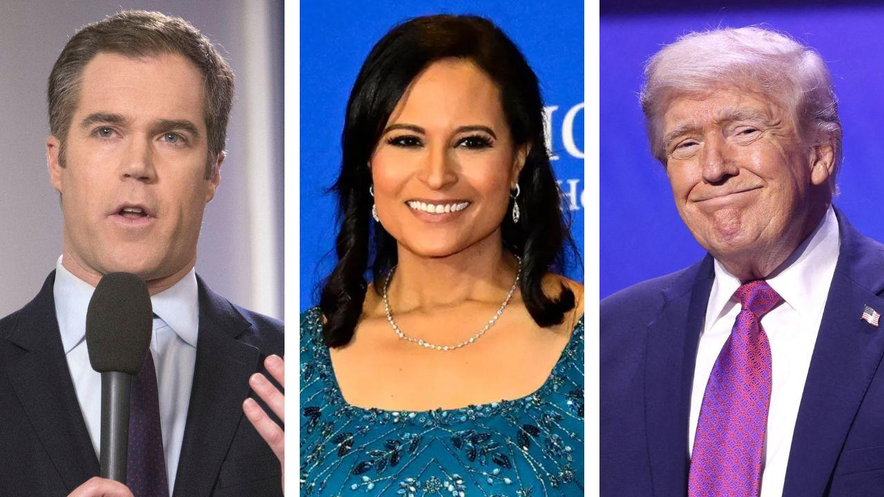split photo of Peter Alexander, Kristen Welker, Donald Trump