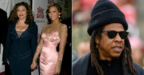 Photo of Tina Knowles with Beyonce and a photo of Jay-Z.