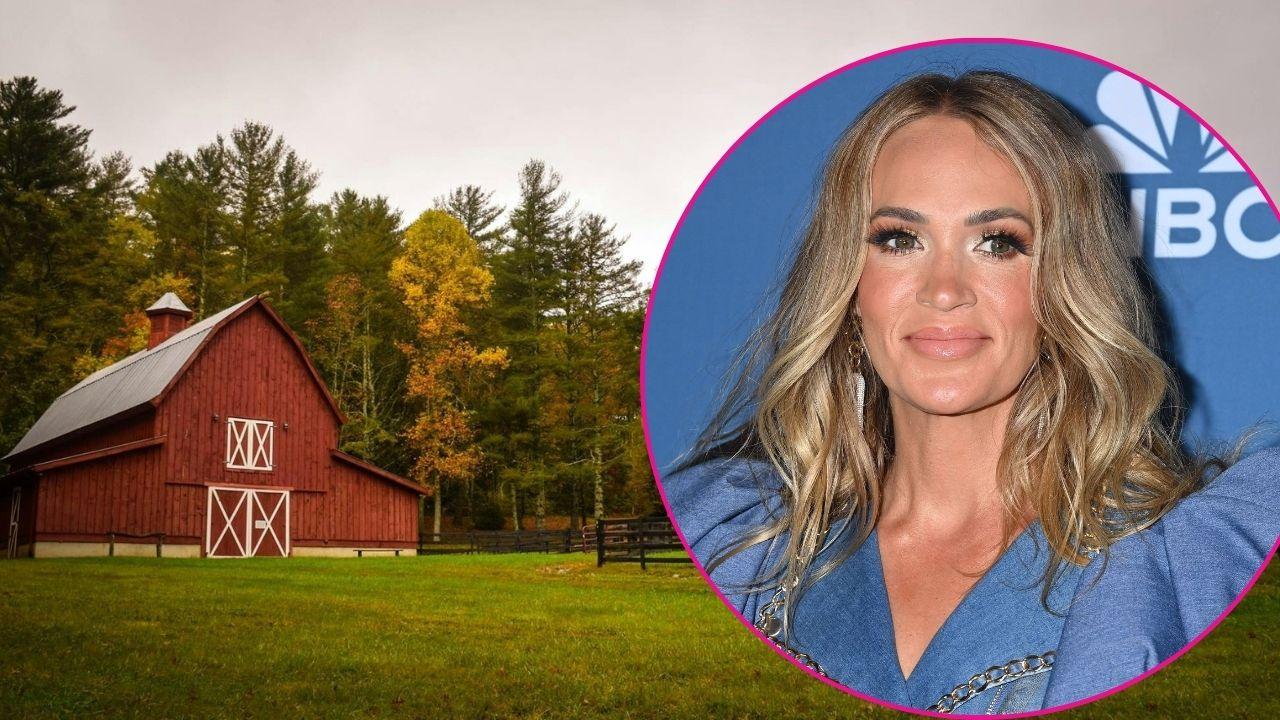 Composite photo of a farm and Carrie Underwood.