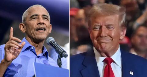 Photo of Barack Obama; picture of Donald Trump.