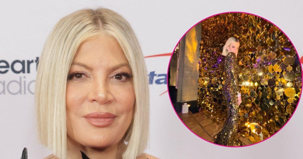 tori spelling michael premiere shiny dress