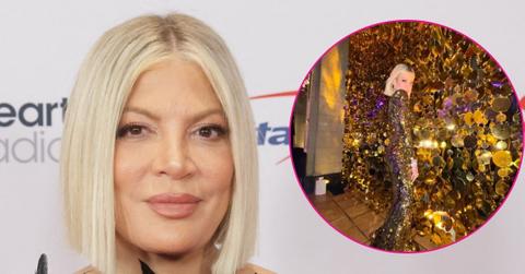 tori spelling michael premiere shiny dress