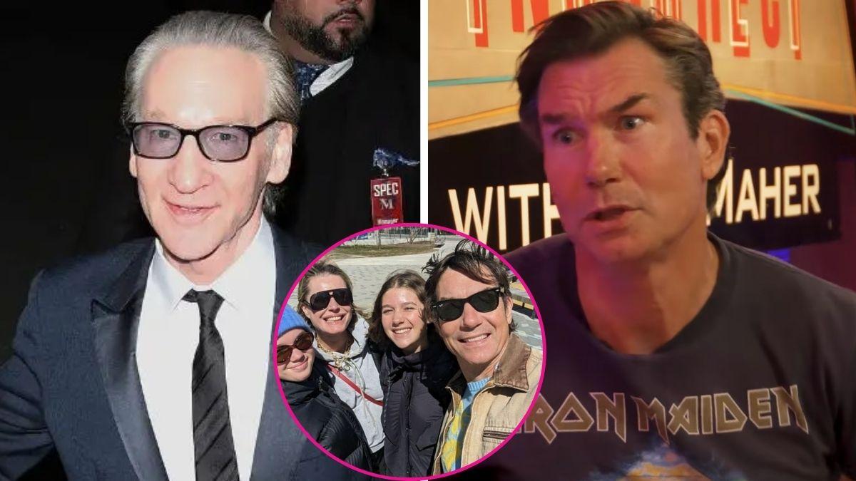 composite photo of bill maher and jerry o'connell and the actor with his wife and daughters