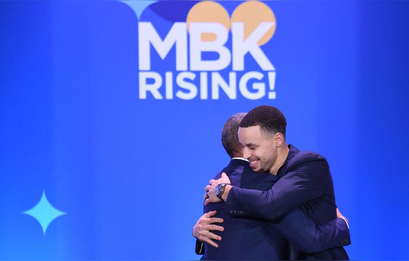 Presidet Barack Obama and NBA star Steph Curry hug