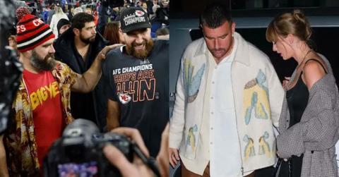 A photo of Jason Kelce and Travis Kelce and picture of Taylor Swift with Travis Kelce.