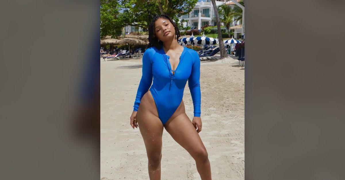 halle bailey shows off mom bod cheeky white bikini photos