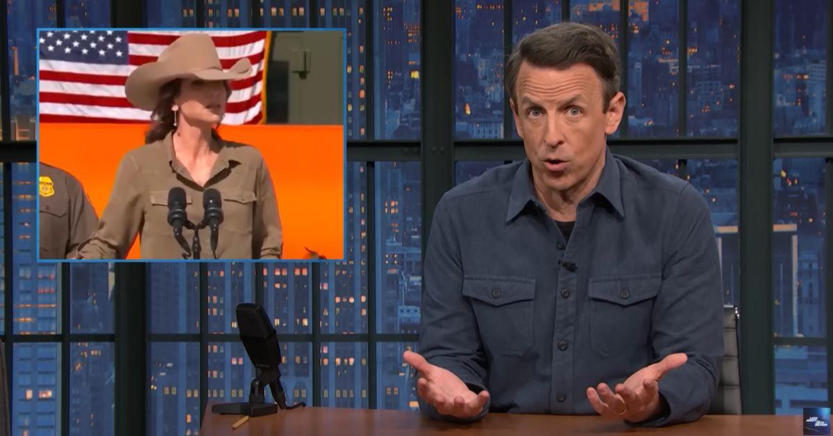 image of Seth Meyers also took jabs at Kristi Noem's oversized cowboy hat.
