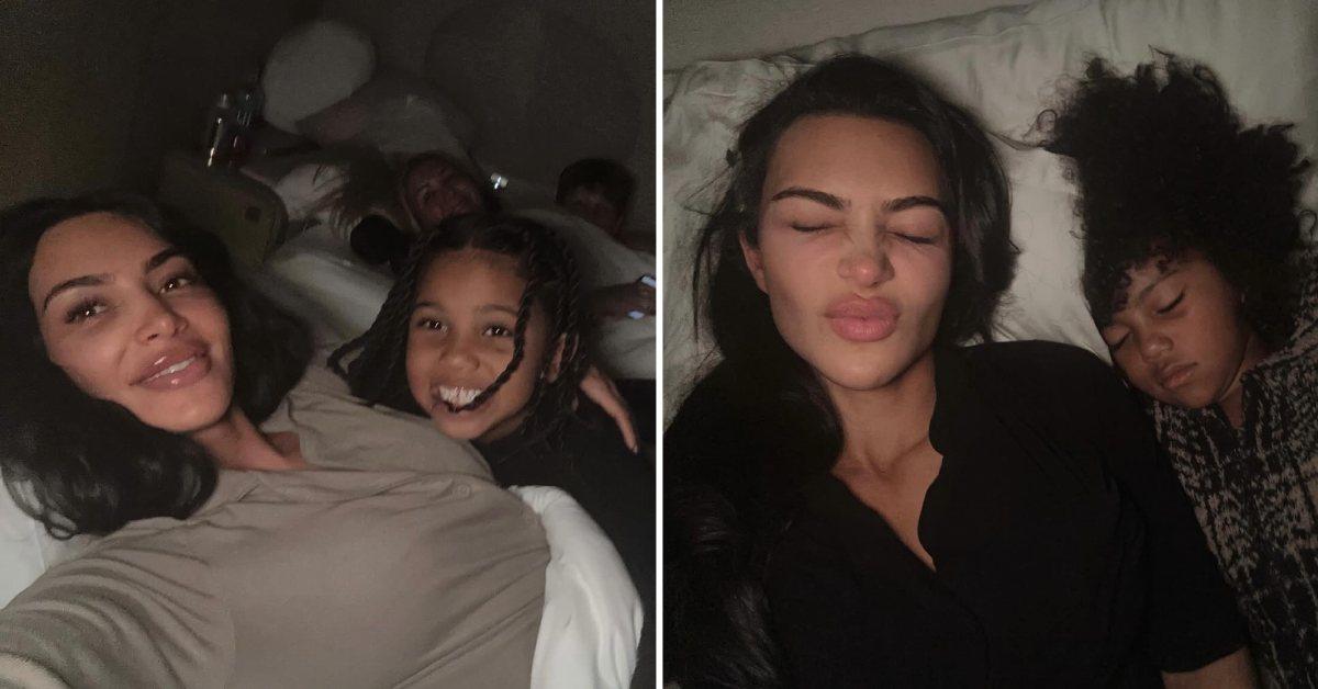 Two photos of Kim Kardashian with Saint West.