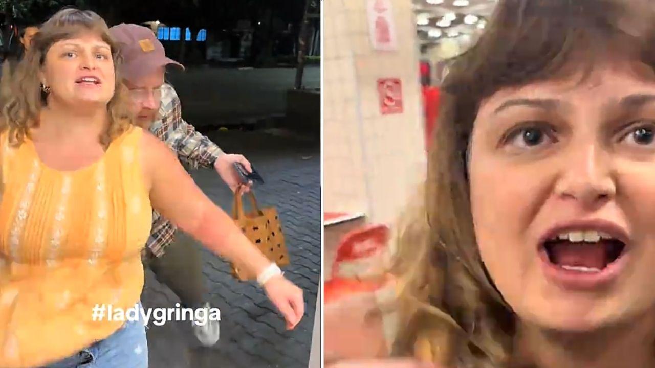 Split photo of American tourist