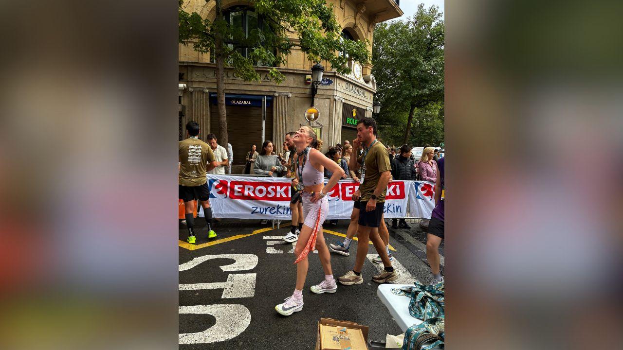 image of The actress celebrated the milestone in a lilac sports bra and matching bike shorts in photos shared on Instagram.