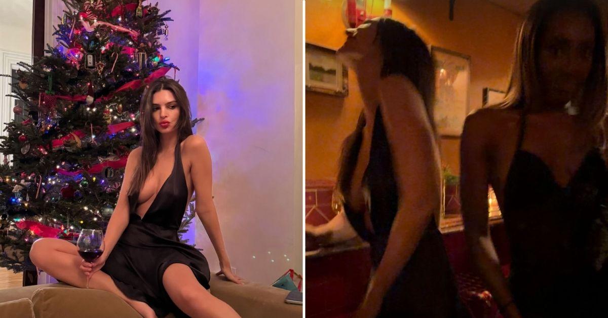 Photo of Emily Ratajkowski nearly had a nip slip while posing in a daring black dress.