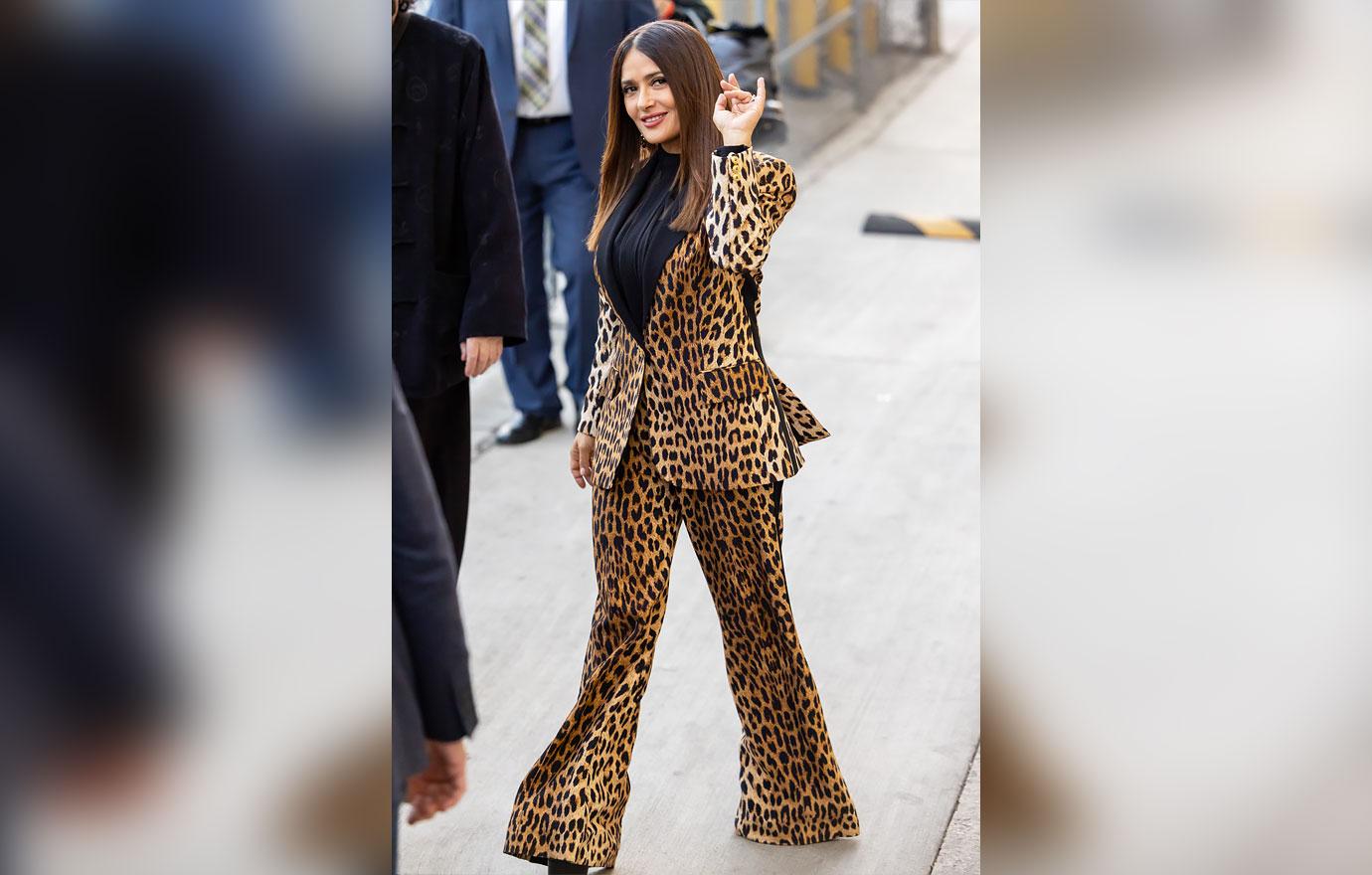 salma hayek cheetah print suit jimmy kimmel live