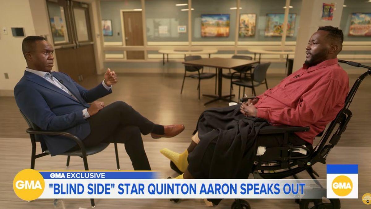 image of Quinton Aaron is learning to walk on his own again after suffering a spinal stroke in January.