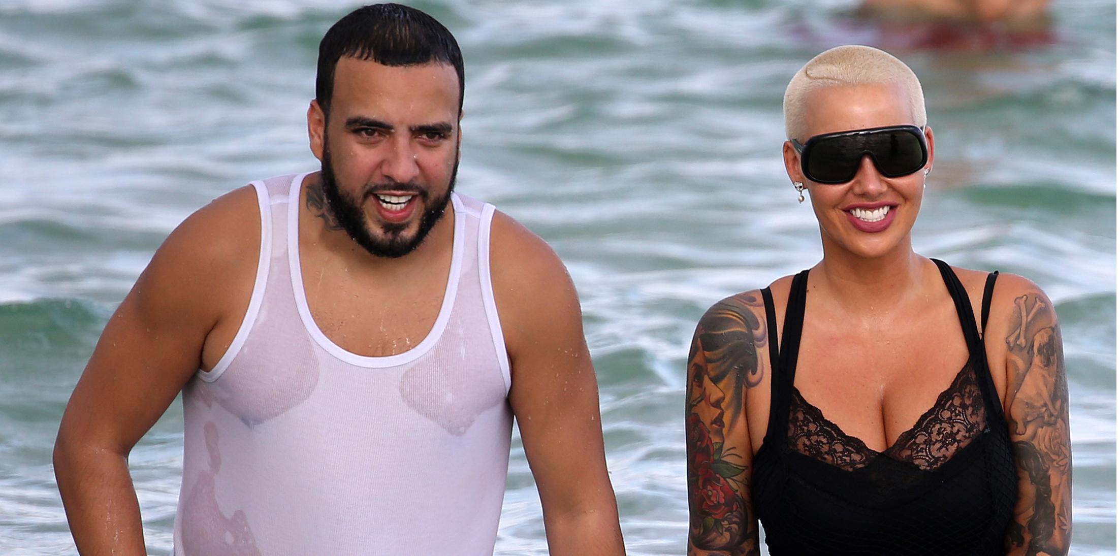 Amber Rose Wearing a Black one Piece on the Beach With Rumored new Boyfriend French Montana in Miami