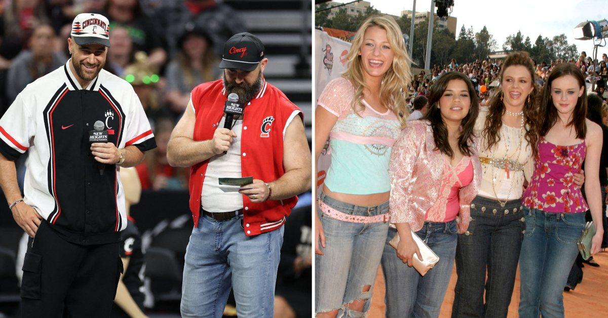 A photo of Travis and Jason Kelce and an image of 'The Sisterhood of the Traveling Pants' cast.