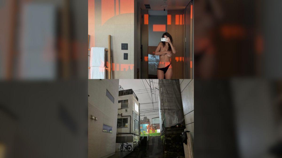 Photo of Emily Ratajkowski stripped down to just black underwear for the racy photos. 
