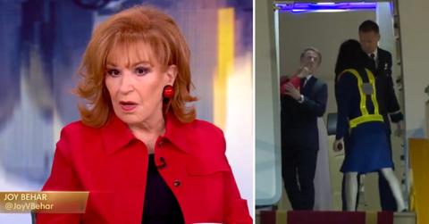 Photo of Joy Behar and image of Emmanuel Macron
