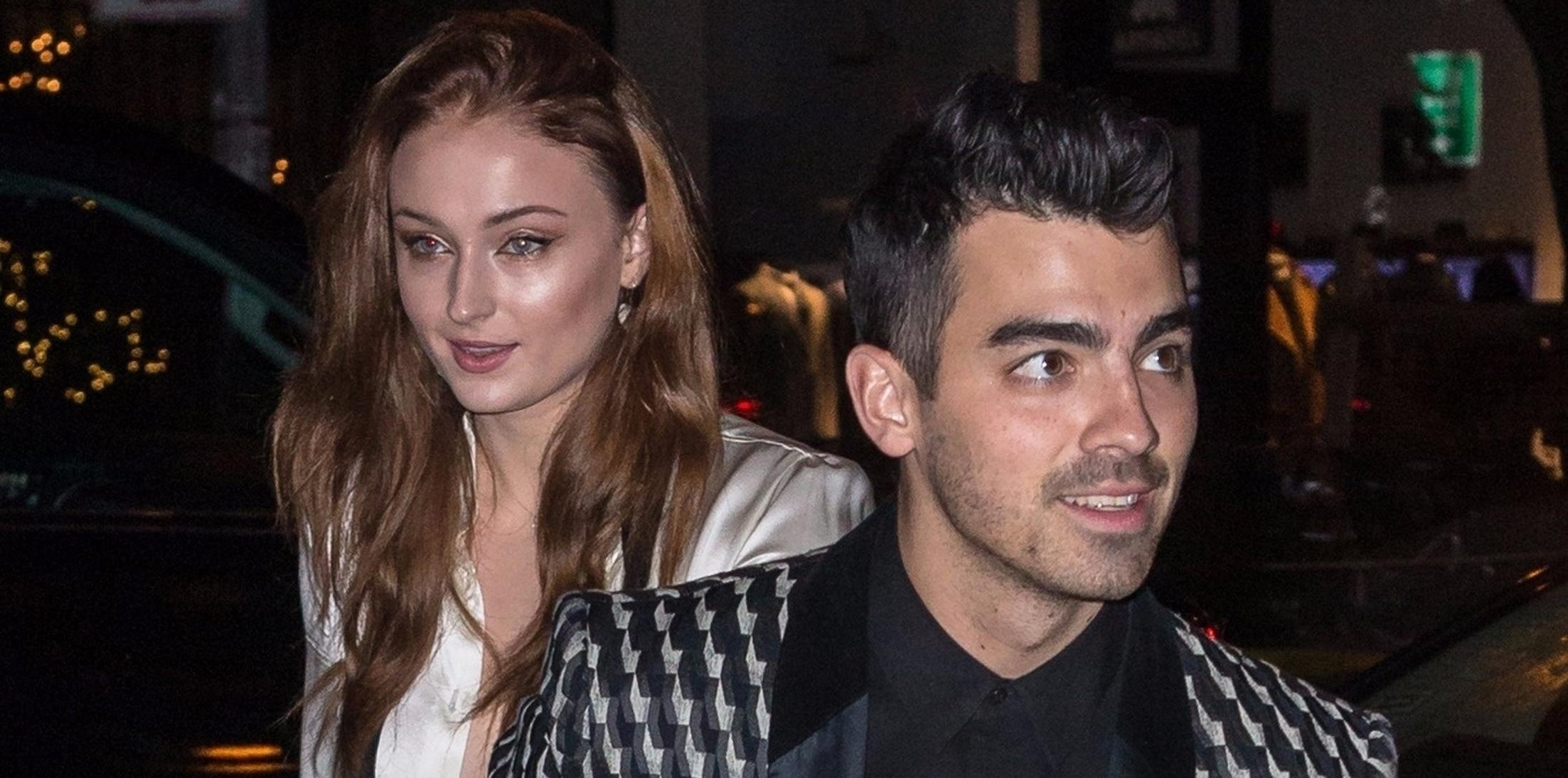 Joe Jonas and Sophie Turner arrive with guests for their engagement dinner in NYC