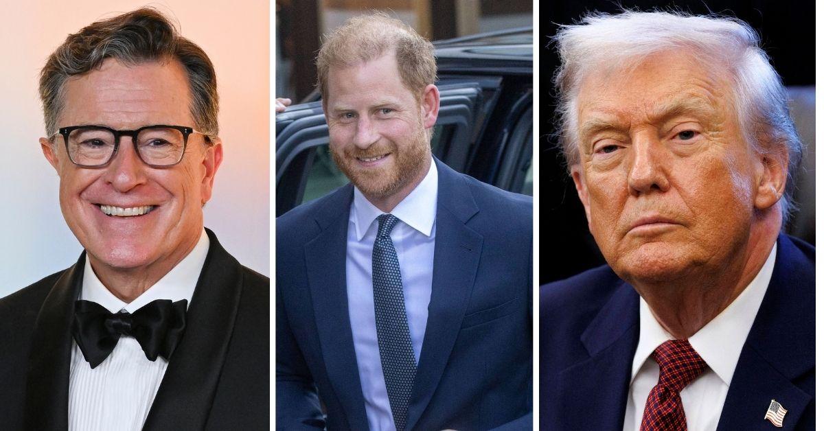 split photo of stephen colbert, prince harry and donald trump
