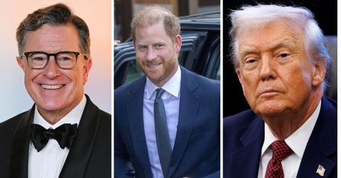 split photo of stephen colbert, prince harry and donald trump