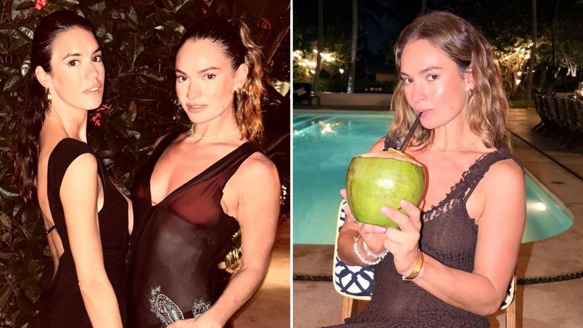 image of Lily James lounged on a beach bed in a black bikini while enjoying a fresh pineapple in Mexico.